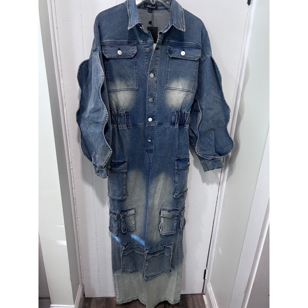 Athina Denim Cargo Jumpsuit Medium Wash Ruffle Sleeve Utility Streetwear Small